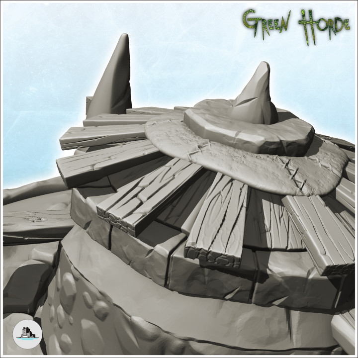 Round orc building with wooden roof and four horns (5) - Ork Green Horde Fantasy Beast Chaos Demon Ogre image