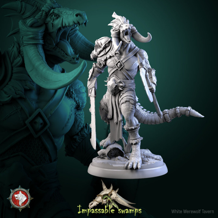 Lizardfolk Warlord 32mm and 75mm heroic miniature pre-supported image