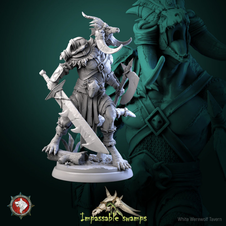 Lizardfolk Warlord 32mm and 75mm heroic miniature pre-supported image