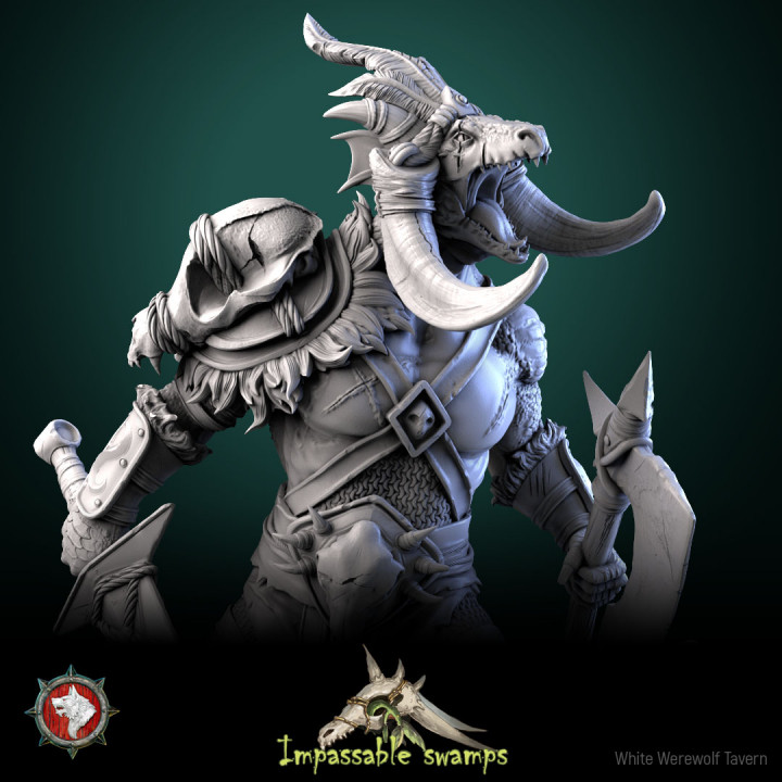 Lizardfolk Warlord 32mm and 75mm heroic miniature pre-supported image