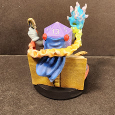 Picture of print of Dice Keepers - D20 Dungeon Master miniature & polyhedral dice stand