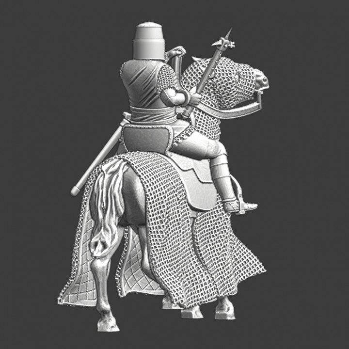 Medieval mounted knight, chainmail horse and warhammer image