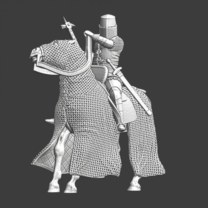 Medieval mounted knight, chainmail horse and warhammer image