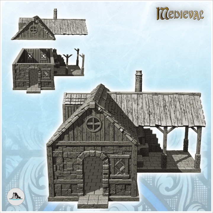 Medieval blacksmith house with forge, chimney and awning (10) - Medieval Gothic Feudal Old Archaic Saga 28mm 15mm image