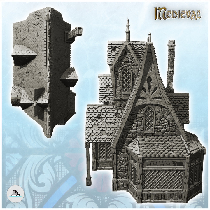 Large medieval manor with entrance awning, large windows and tile roof (17) - Medieval Gothic Feudal Old Archaic Saga 28mm 15mm image