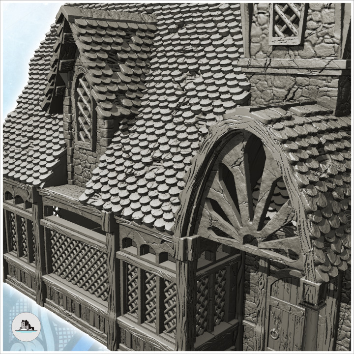 Large medieval manor with entrance awning, large windows and tile roof (17) - Medieval Gothic Feudal Old Archaic Saga 28mm 15mm image