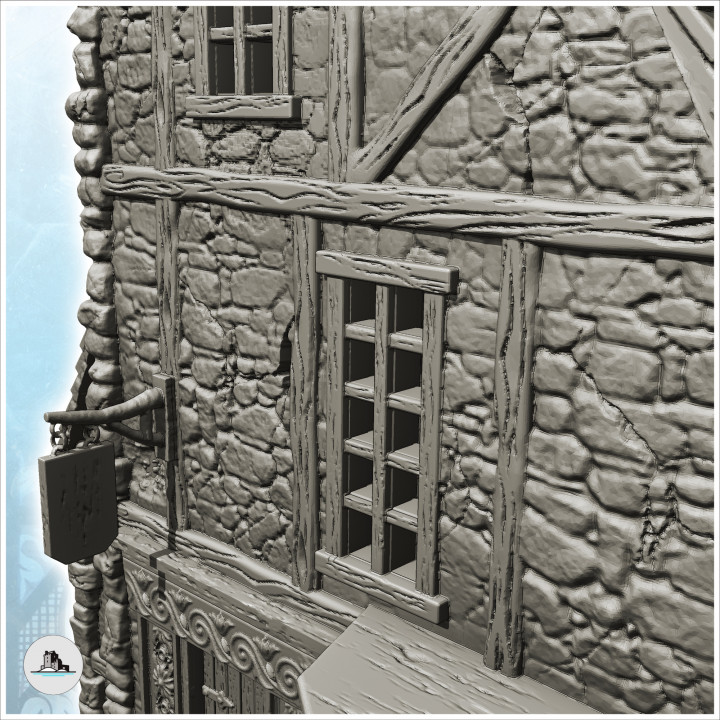 Medieval manor with English-style window, roof spikes and stone tower (19) - Medieval Gothic Feudal Old Archaic Saga 28mm 15mm