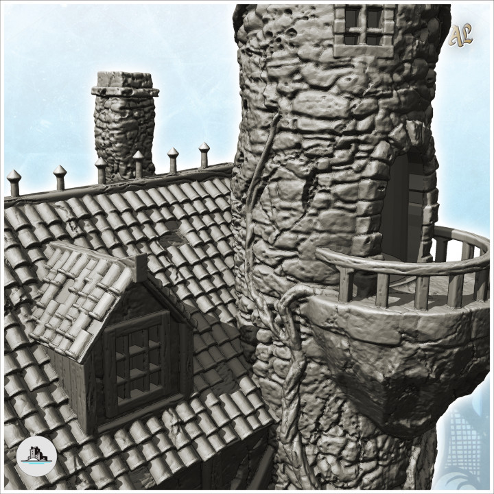 Large medieval stone manor with corner tower, large turret and high-level rooms (20) - Medieval Gothic Feudal Old Archaic Saga 28mm 15mm image