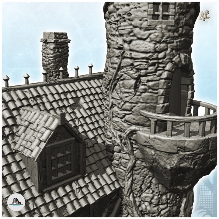 Large medieval stone manor with corner tower, large turret and high-level rooms (20) - Medieval Gothic Feudal Old Archaic Saga 28mm 15mm