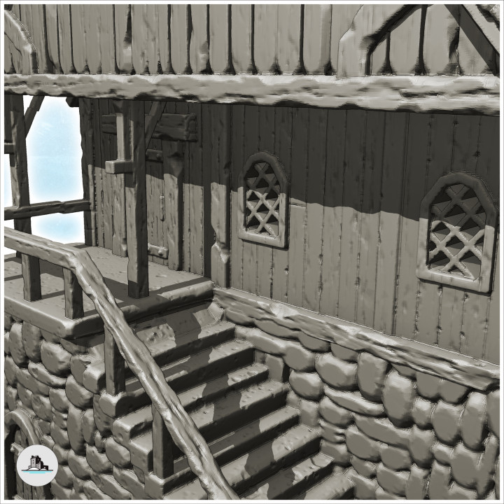 Medieval tavern with large entrance staircase and tiled roof (16) - Medieval Gothic Feudal Old Archaic Saga 28mm 15mm