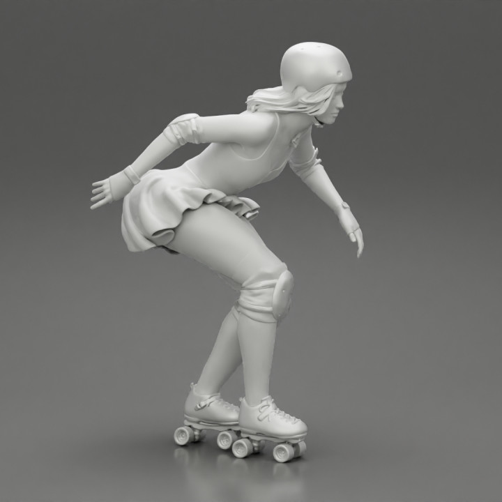 roller derby girl rolling fast with helmet