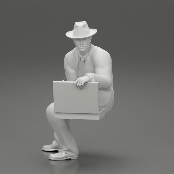 2 Models - businessman in hat sitting and holding briefcase of money image