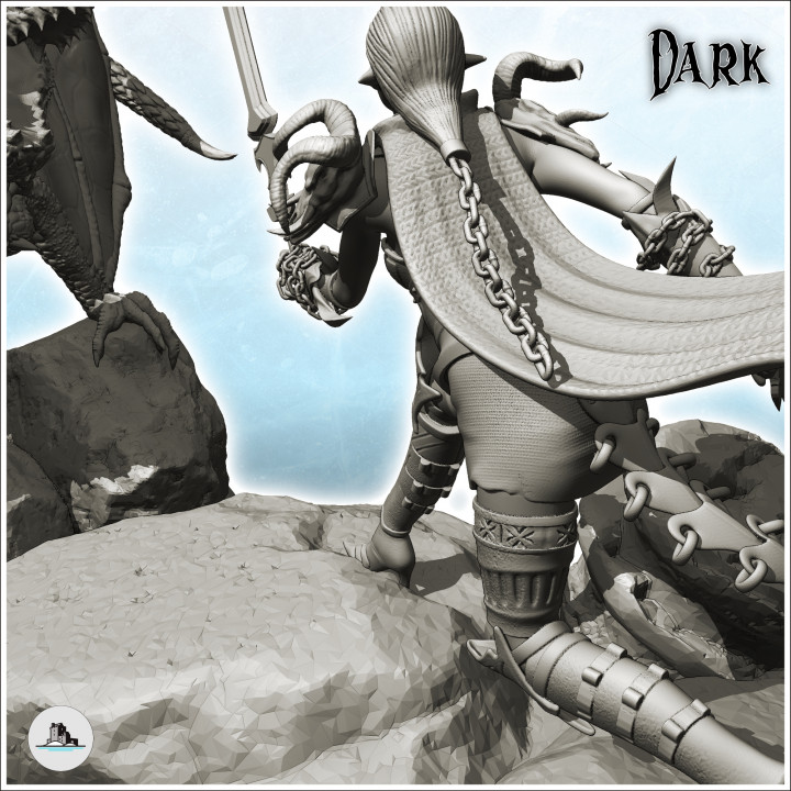 Knight with sword fighting an evil warrior on dragon, with antique column (19) - Medieval Dark Chaos Animal Beast Undead Tabletop Terrain