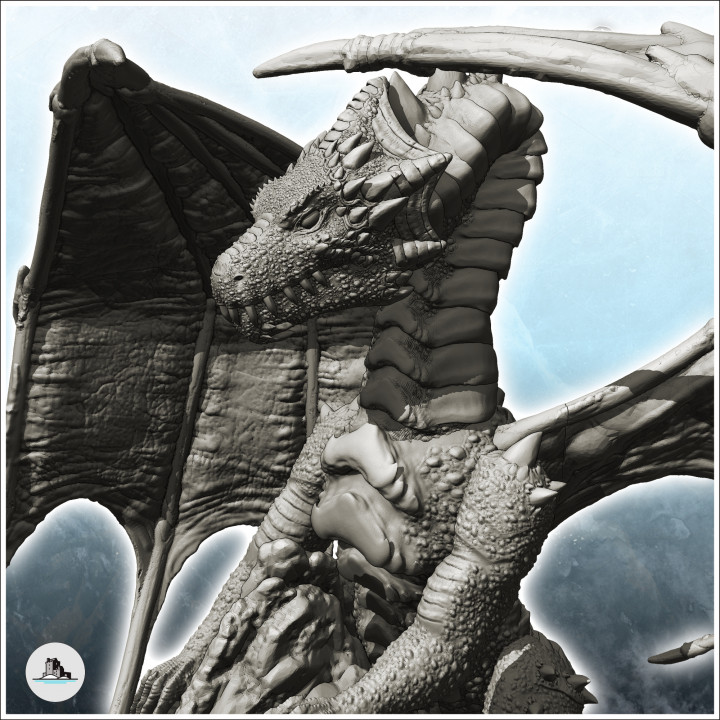 Winged dragon clinging to a scaled rock (20) - Medieval Dark Chaos Animal Beast Undead Tabletop Terrain