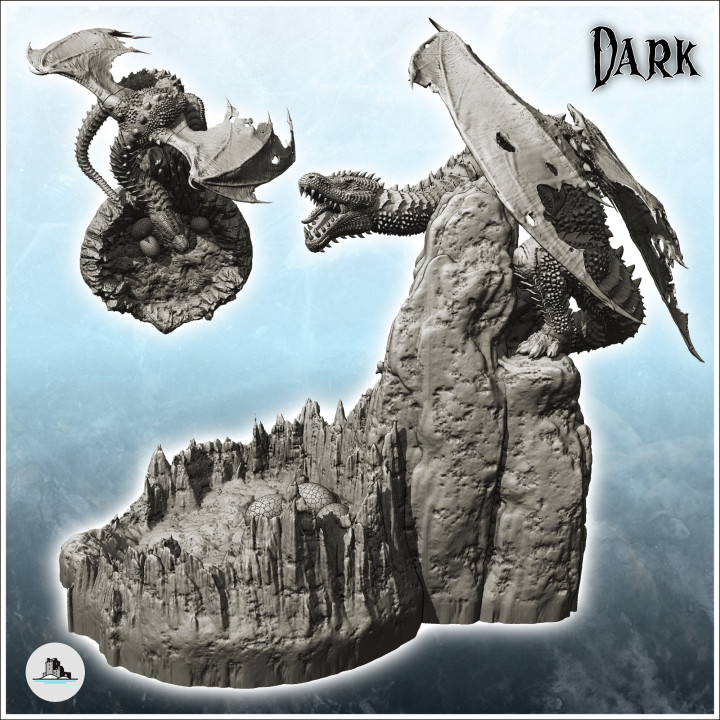 Dragon on rocky promontory with damaged wings and protecting nest with eggs (22) - Medieval Dark Chaos Animal Beast Undead Tabletop Terrain image