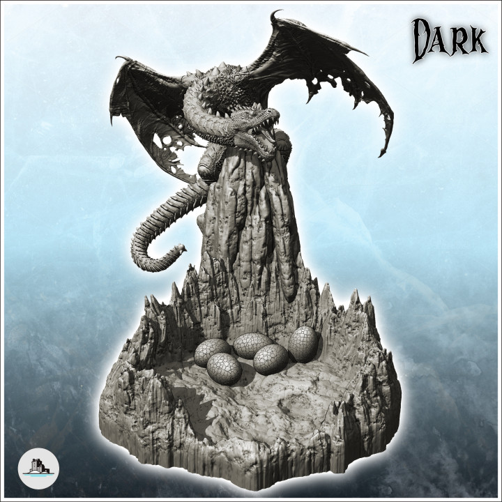 Dragon on rocky promontory with damaged wings and protecting nest with eggs (22) - Medieval Dark Chaos Animal Beast Undead Tabletop Terrain image
