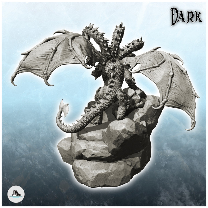 Winged hydra dragon with six heads, with spiked necks and scales, on rock (24) - Medieval Dark Chaos Animal Beast Undead Tabletop Terrain image