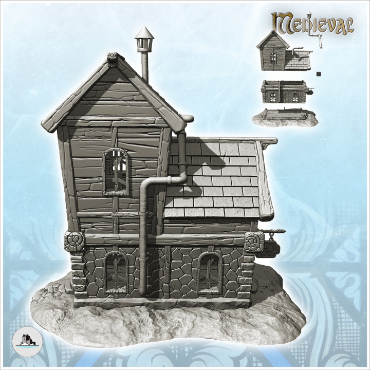 Medieval house with zinc drain pipes, canvas awning, entrance sign (13) - Medieval Gothic Feudal Old Archaic Saga 28mm 15mm image