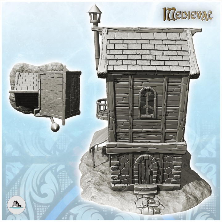 Medieval house with zinc drain pipes, canvas awning, entrance sign (13) - Medieval Gothic Feudal Old Archaic Saga 28mm 15mm image