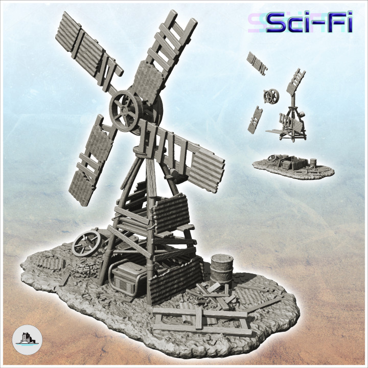 Post-apocalyptic wind turbine made of sheet metal and wood with barrel (2) - Future Sci-Fi SF Post apocalyptic Tabletop Scifi image