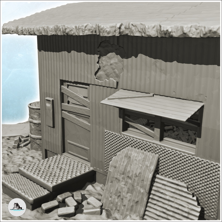 Modern building ruin made of sheet metal with metal chimney and barrel (3) - Future Sci-Fi SF Post apocalyptic Tabletop Scifi