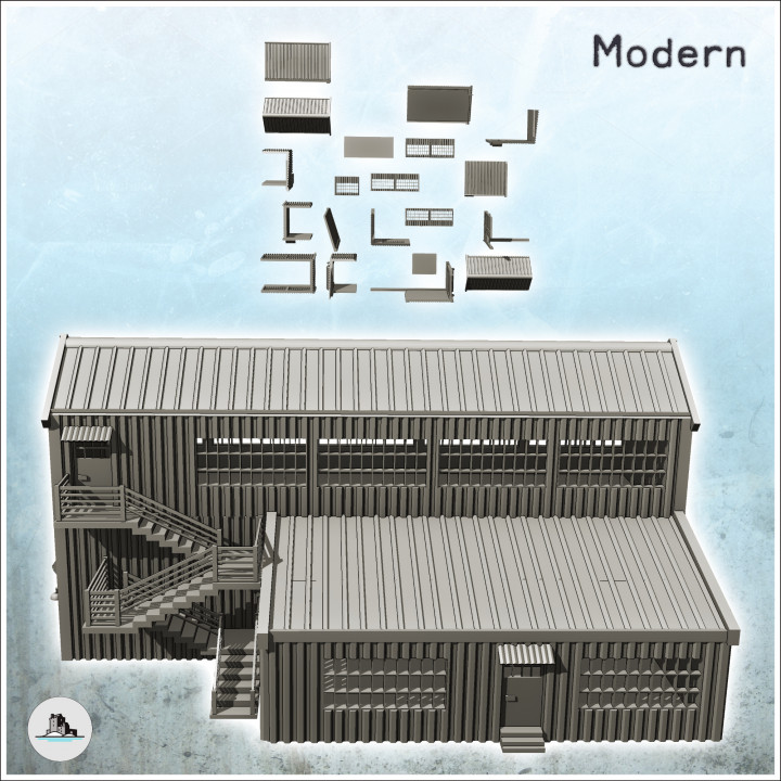 Large modern warehouse with exterior stairs and multiple access doors (20) - Cold Era Modern Warfare Conflict World War 3 image