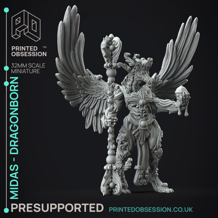 Midas Dragon - Flesh of Gold -  PRESUPPORTED - Illustrated and Stats - 32mm scale image