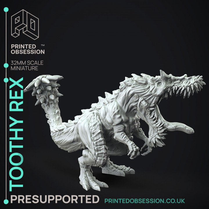 Toothy Rex - Large Monster -  PRESUPPORTED - Illustrated and Stats - 32mm scale image