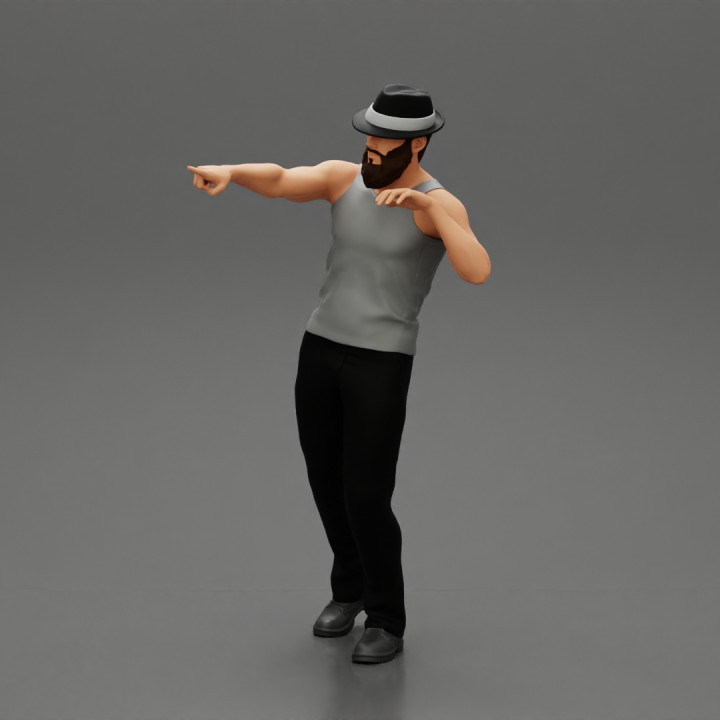 Travel man wearing a hat and a beard pointing the right way image