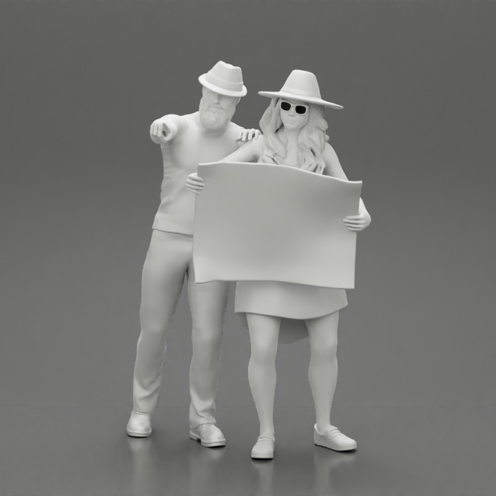 2 models Travel man wearing a hat and a beard pointing  and travel woman holding a map and looking to the map image