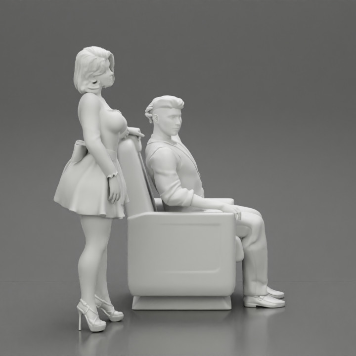 2 models - businessman like Thomas Shelby sitting with Stewardess in maid clothes Posing image