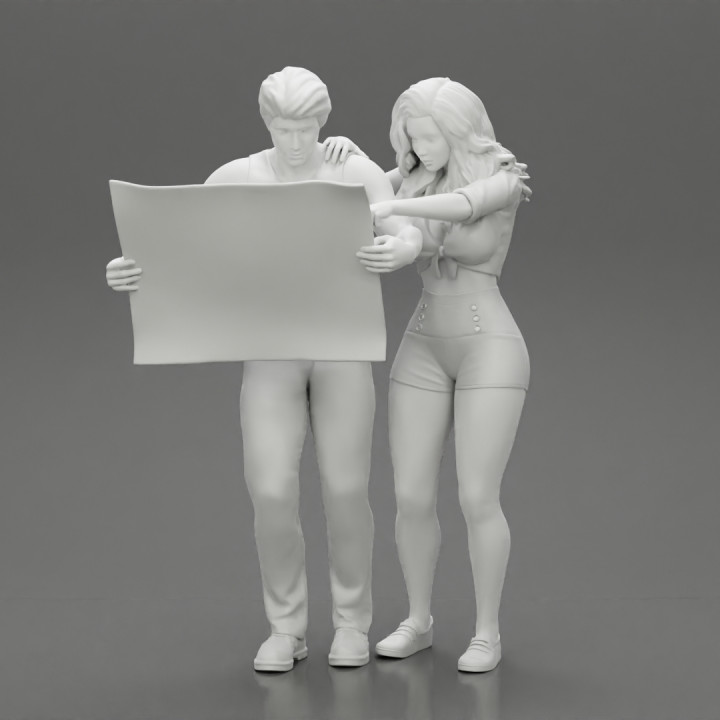 2 models - travel Man Holding Map  with Travel woman in short pointing her next destination image