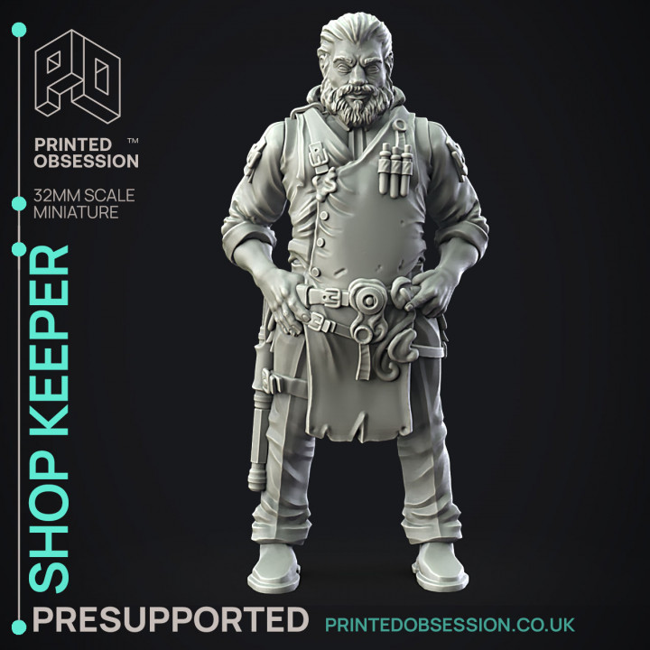 Shop Keeper - NPC -  PRESUPPORTED - Illustrated and Stats - 32mm scale image