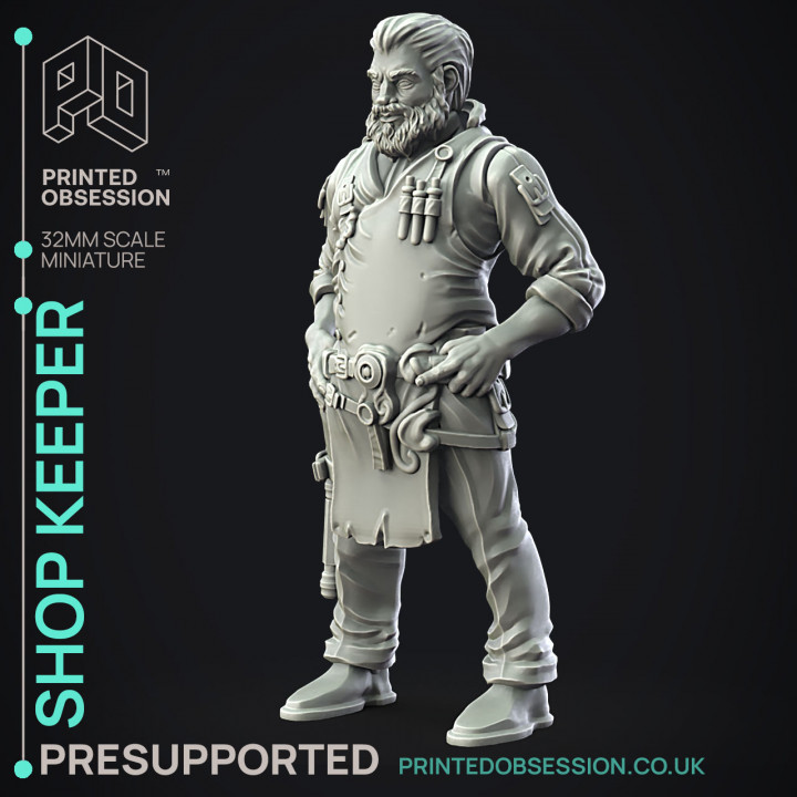 Shop Keeper - NPC -  PRESUPPORTED - Illustrated and Stats - 32mm scale image
