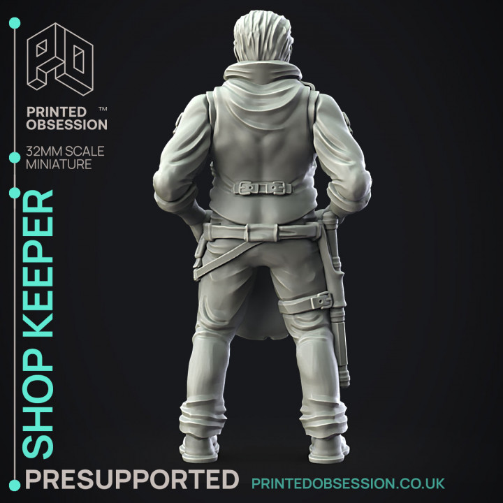 Shop Keeper - NPC -  PRESUPPORTED - Illustrated and Stats - 32mm scale image
