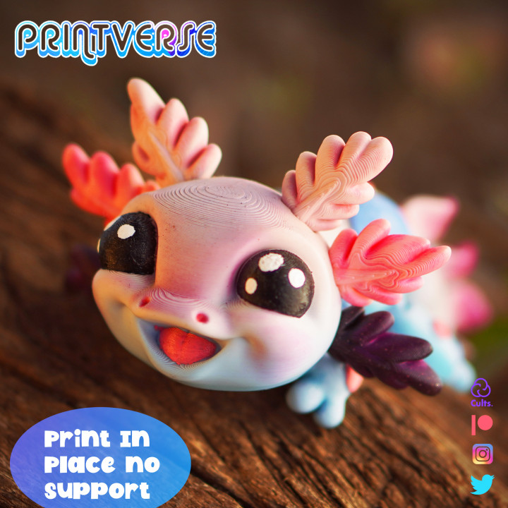 3D Printable Flexy Print In Place Cute Baby Axolotl By Printverse