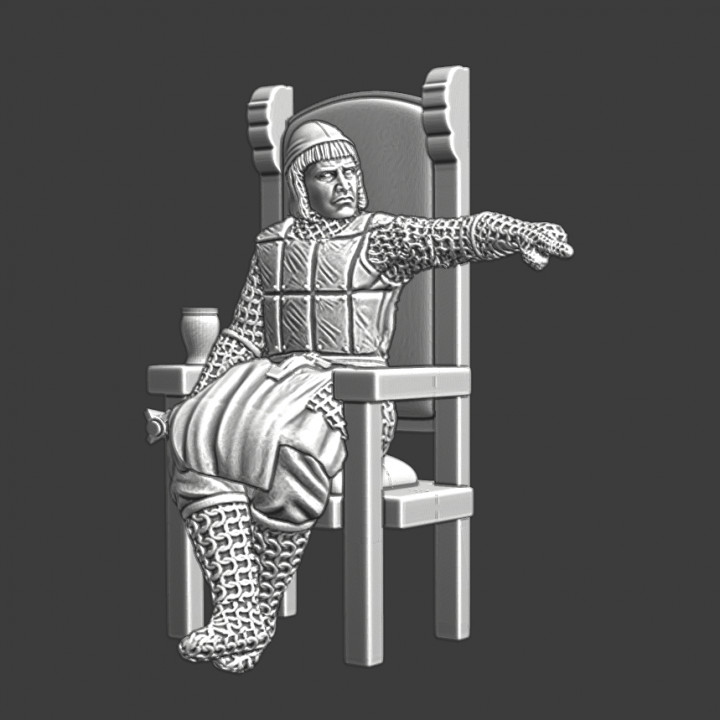 Medieval Knight sitting and pointing - mace ready