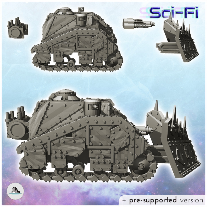 Ork tank with large front blade and armored cab (14) - Future Sci-Fi SF Post apocalyptic Tabletop Scifi Wargaming Planetary exploration RPG Terrain image
