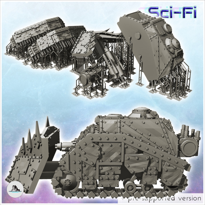 Ork tank with large front blade and armored cab (14) - Future Sci-Fi SF Post apocalyptic Tabletop Scifi Wargaming Planetary exploration RPG Terrain image