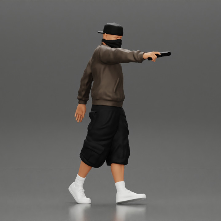 3D Printable gangster homie in mask walking and holding gun sideways by