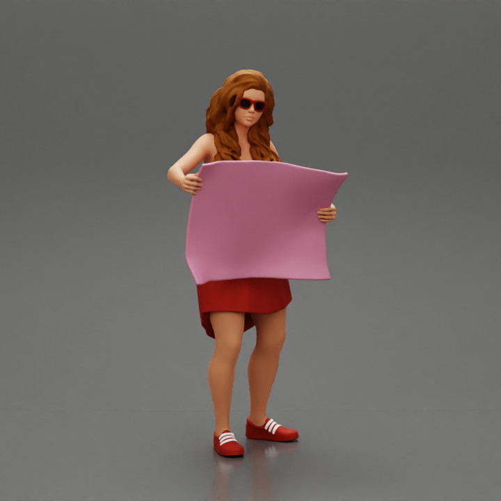 travel woman in dress with sun glasses holding a map and looking to the map image