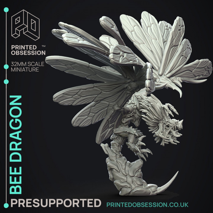 Bee Dragon - insectile Dragon - PRESUPPORTED - Illustrated and Stats - 32mm scale image