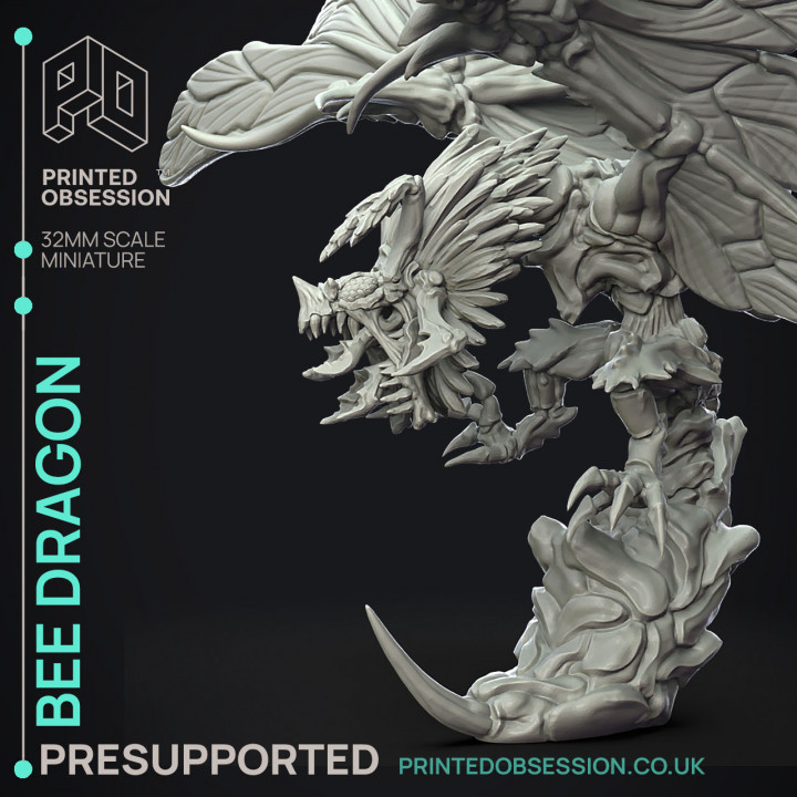 Bee Dragon - insectile Dragon - PRESUPPORTED - Illustrated and Stats - 32mm scale image