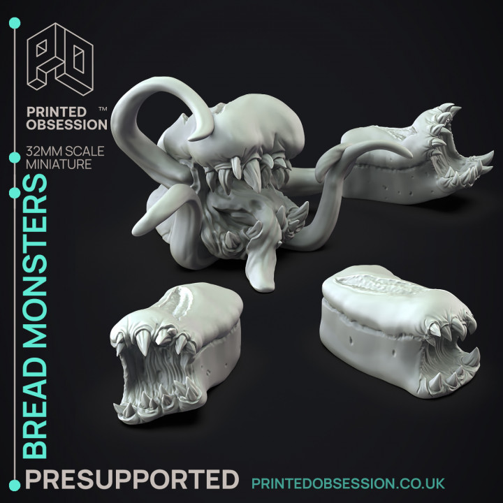 Bread Monsters - 4 Baked Monsters -  PRESUPPORTED - Illustrated and Stats - 32mm scale image