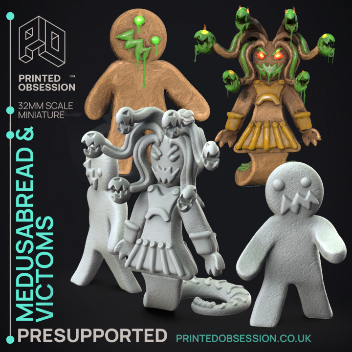 Gingerbread Medusa & Victoms - 3 Models -  PRESUPPORTED - Illustrated and Stats - 32mm scale image