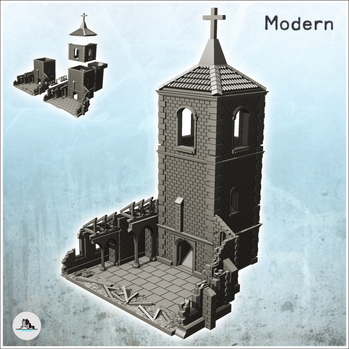 Ruined church with bell tower (with dice tower version) (9) - World War Two Second WWII Western campaign USA UK Germany image