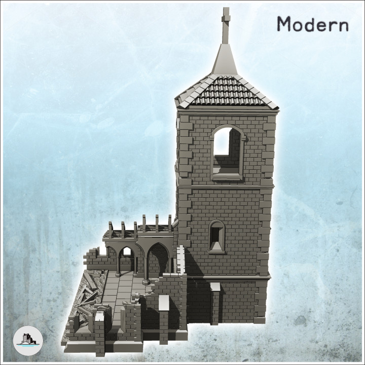 Ruined church with bell tower (with dice tower version) (9) - World War Two Second WWII Western campaign USA UK Germany image