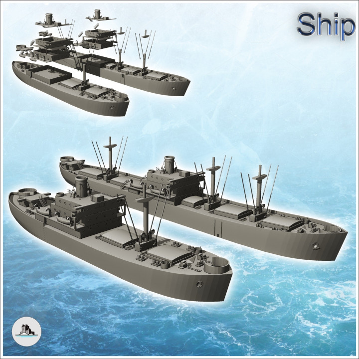 Set of two large transport ships with chimneys and boats (3) - World War Two Second WWII Western campaign USA UK Germany image