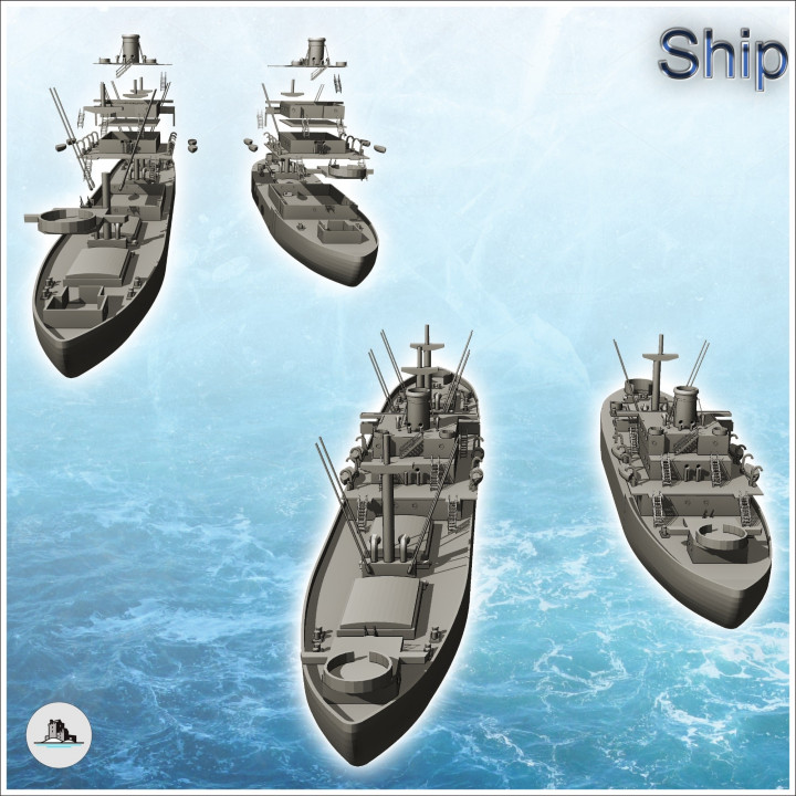Set of two large transport ships with chimneys and boats (3) - World War Two Second WWII Western campaign USA UK Germany image