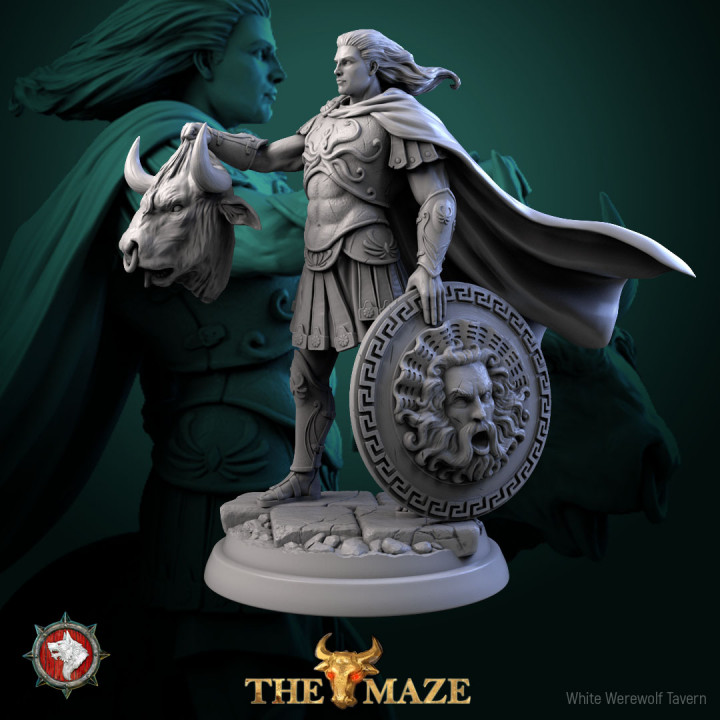 Theseus 32mm and 75mm heroic miniature pre-supported + dnd 5e stats block image